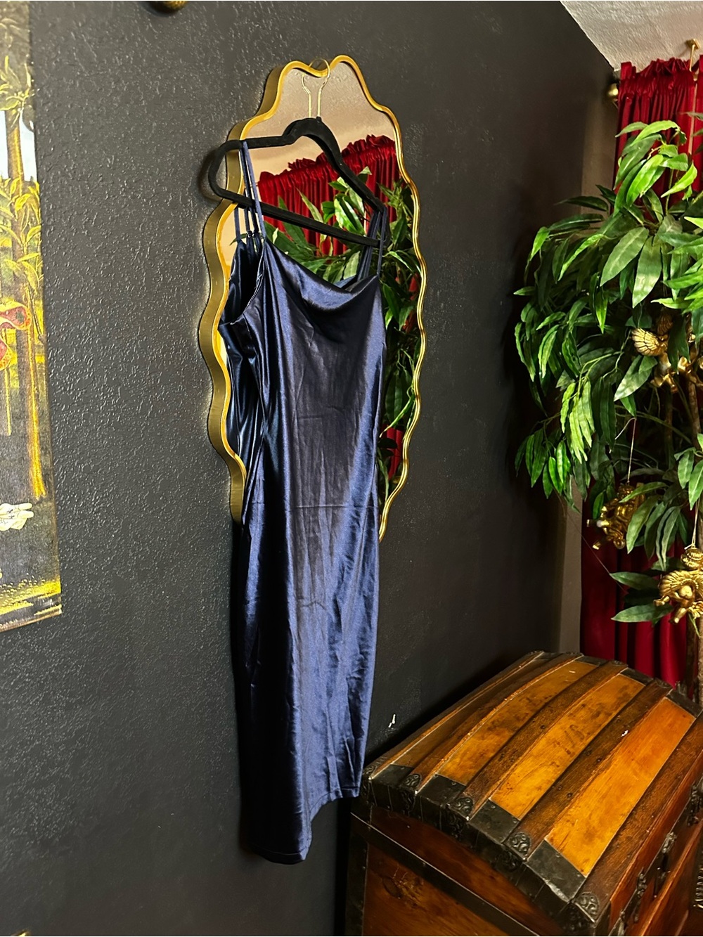 Navy Satin Slip Dress with Cowl Neck
